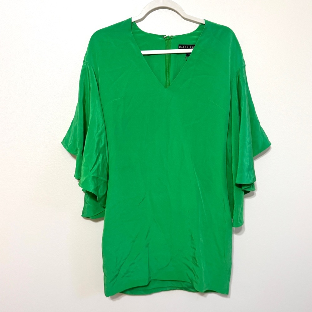 Ralph Lauren Black Label Silk Dress Size 4 Flutter Sleeve Wedding Green Sheath